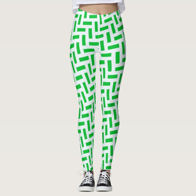 Herringbone Green White Minimal Pattern Leggings (Front)