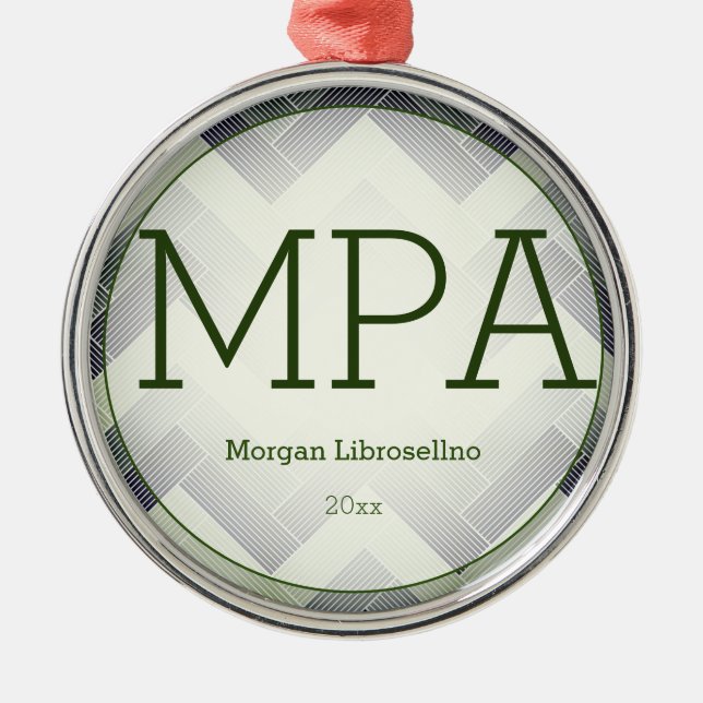 Herringbone Green White Name MPA Graduation Metal Tree Decoration (Front)
