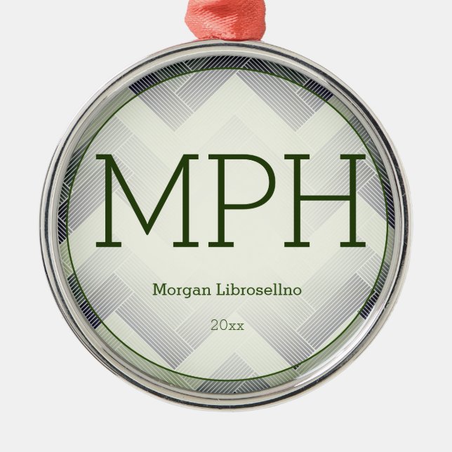Herringbone Green White Name MPH Graduation Metal Tree Decoration (Front)