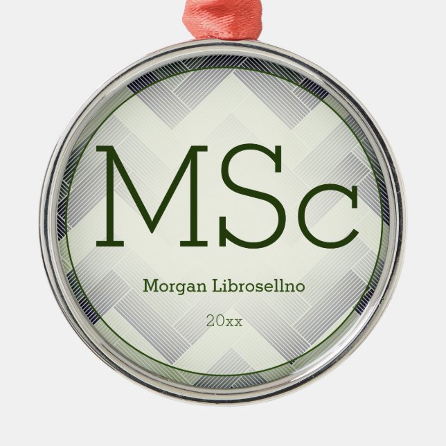 Herringbone Green White Name MSc Graduation Metal Tree Decoration (Front)
