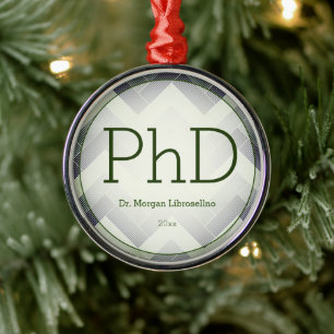 Herringbone Green White PhD Graduation Name Year Metal Tree Decoration