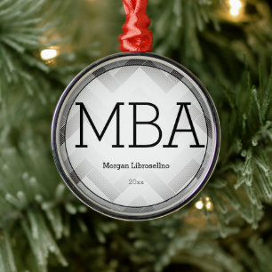 Herringbone Grey Black MBA Graduation Name Year Metal Tree Decoration