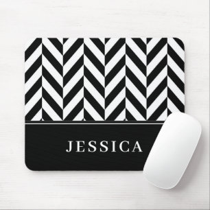 Herringbone Pattern Black & White Custom Name Mouse Mat