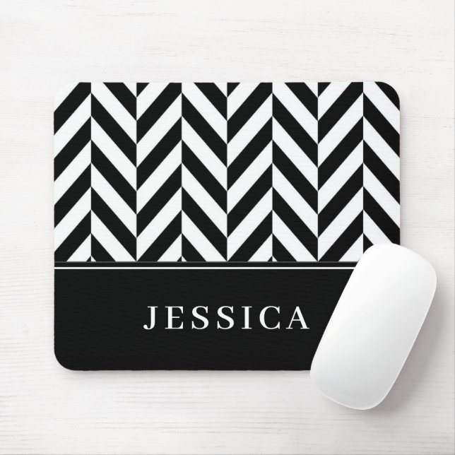 Herringbone Pattern Black & White Custom Name Mouse Mat (With Mouse)
