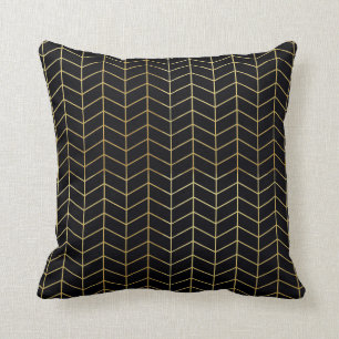 Herringbone Pattern Faux Gold Foil Black Geometric Cushion