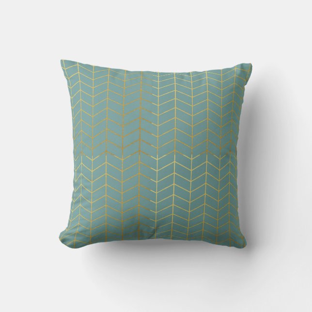 Herringbone Pattern Faux Gold Foil Teal Geometric Cushion (Front)