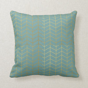 Herringbone Pattern Faux Gold Foil Teal Geometric Cushion