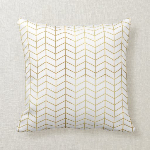 Image of Herringbone Pattern Faux Gold Foil White Geometric Cushion