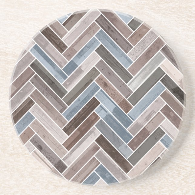 Herringbone Pattern in Blue Brown Grey Coaster (Front)