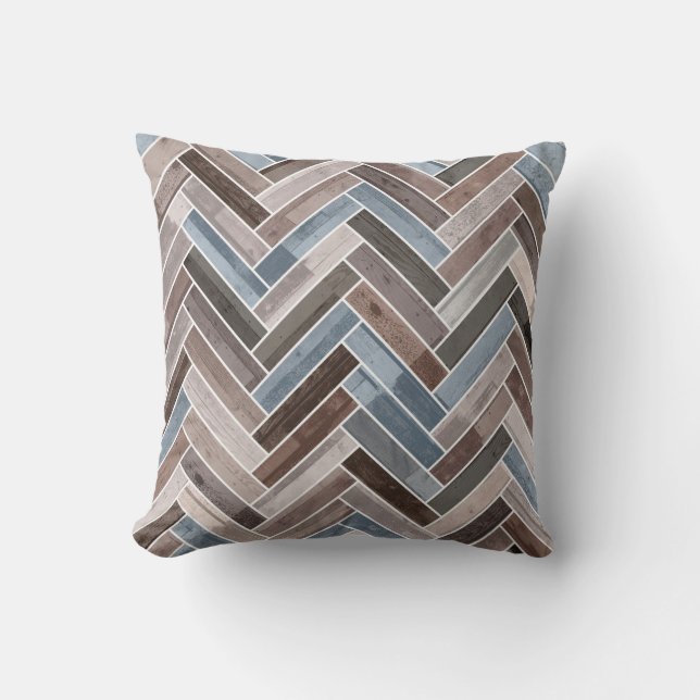 Herringbone Pattern in Blue Brown Grey Cushion (Front)