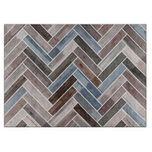 Herringbone Pattern in Blue Brown Grey Cutting Board