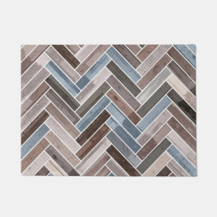 Herringbone Pattern in Blue Brown Grey Doormat