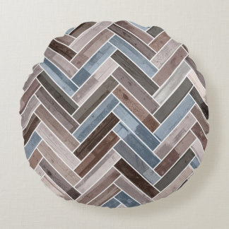 Herringbone Pattern in Blue Brown Grey Round Cushion