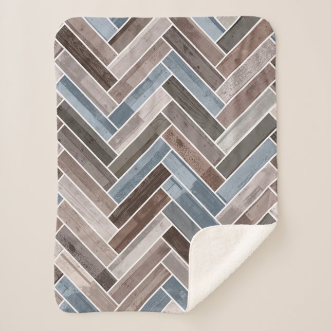 Herringbone Pattern in Blue Brown Grey Sherpa Blanket (Front)