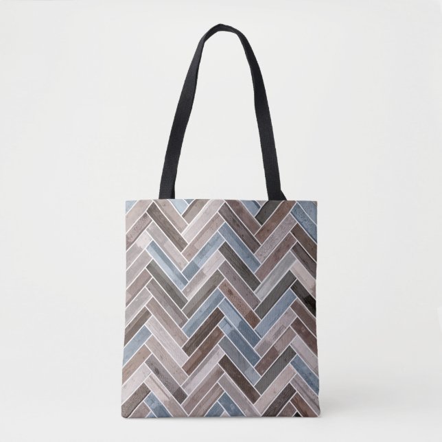 Herringbone Pattern in Blue Brown Grey Tote Bag (Front)
