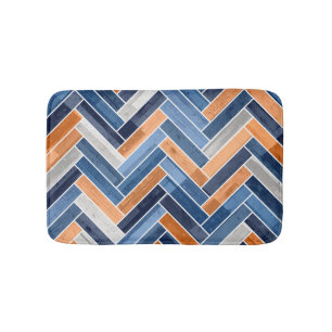 Herringbone Pattern in Navy Blue and Orange Bath Mat
