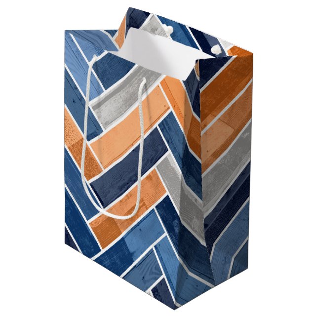 Herringbone Pattern in Navy Blue and Orange Medium Gift Bag (Front Angled)