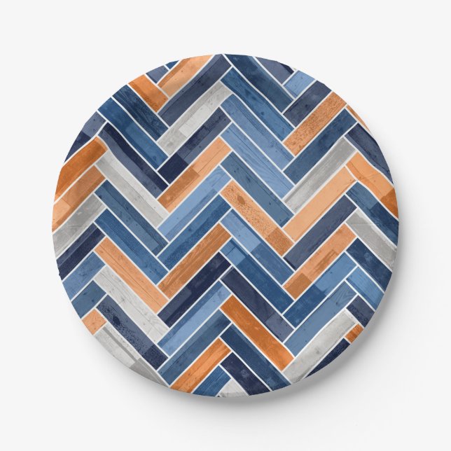Herringbone Pattern in Navy Blue and Orange Paper Plate (Front)