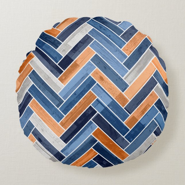 Herringbone Pattern in Navy Blue and Orange Round Cushion (Front)