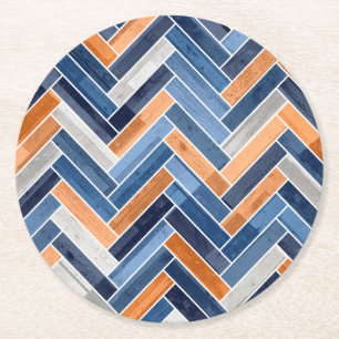 Herringbone Pattern in Navy Blue and Orange Round Paper Coaster