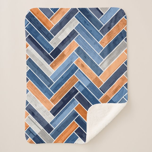 Herringbone Pattern in Navy Blue and Orange Sherpa Blanket (Front)