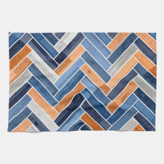Herringbone Pattern in Navy Blue and Orange Tea Towel