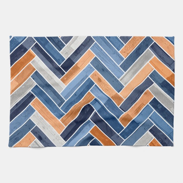 Herringbone Pattern in Navy Blue and Orange Tea Towel (Horizontal)