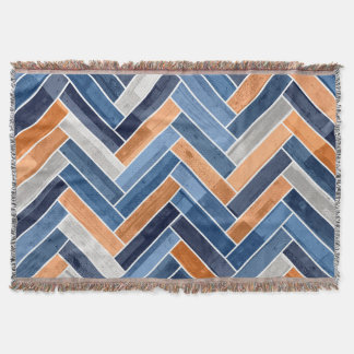 Herringbone Pattern in Navy Blue and Orange Throw Blanket
