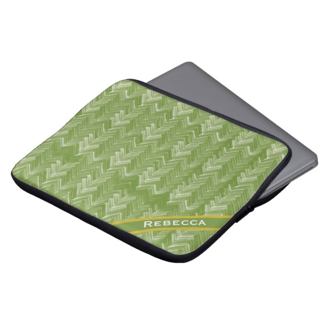 Herringbone Pattern on Forest Green Personal Laptop Sleeve (Front Top)
