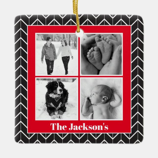 Herringbone Photo Collage Modern Christmas Ceramic Ceramic Ornament (Front)