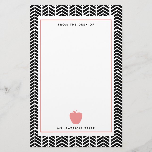 Herringbone Pink Apple Boho Teacher Personalised Stationery (Front)