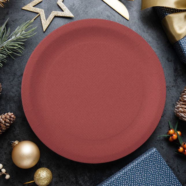Herringbone simple red Christmas holiday party Paper Plate (Creator Uploaded)