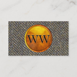 Herringbone Tweed, Brass and Gold Monogram Business Card