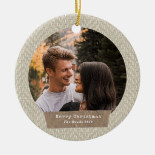 Herringbone Tweed Christmas Photo Torn Paper Ceramic Tree Decoration