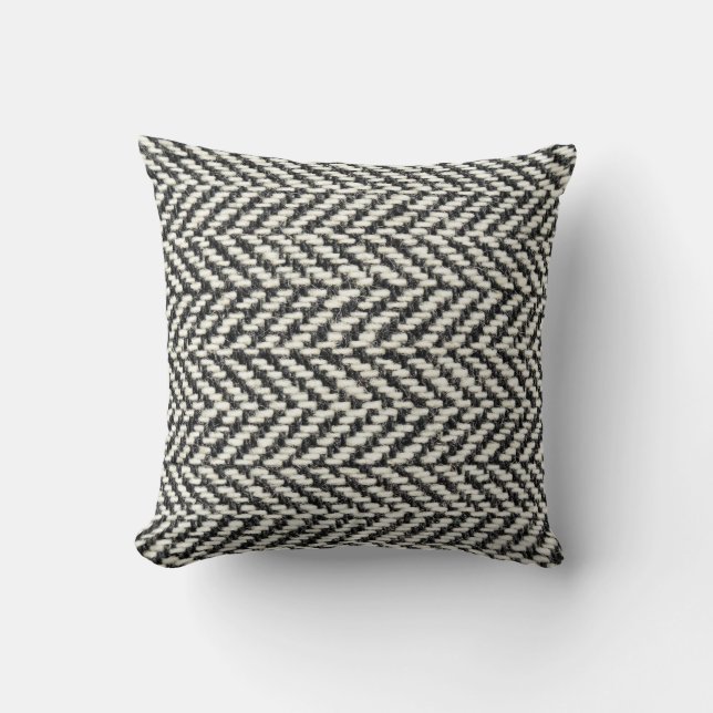 Herringbone Tweed Rustic Black & White Knit Print Cushion (Front)