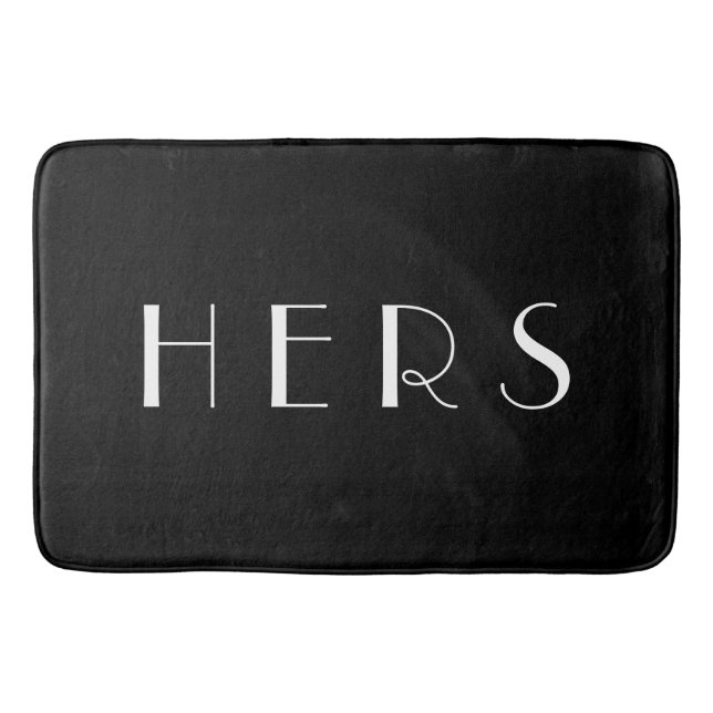 Hers Black Monogram Minimal White Typography Bath Mat (Front)