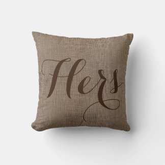 Hers Burlap-Look Rustic Wedding Keepsake His/Hers Cushion