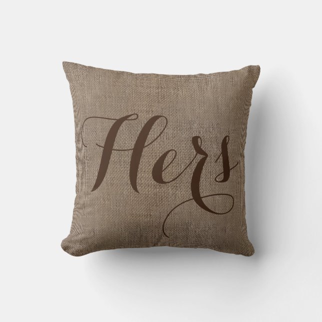 Hers Burlap-Look Rustic Wedding Keepsake His/Hers Cushion (Front)