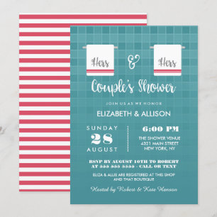 Hers & Hers Blue & Red Lesbian Couple's Shower Invitation