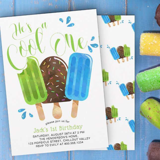 He's a Cool One Boy Popsicle First Birthday Invitation (Creator Uploaded)