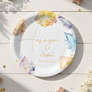 He's a Gem Birthday Crystals Boy's watercolor Paper Plate