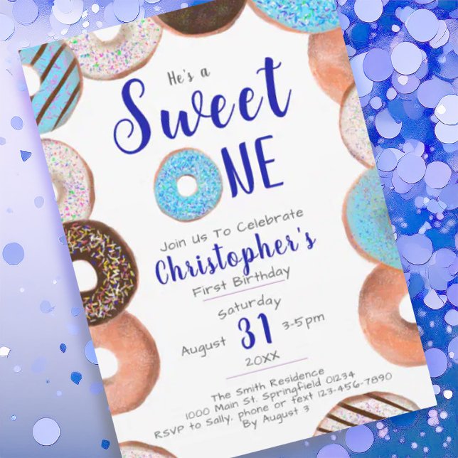 He's A Sweet One Doughnut Blue Boy 1st Birthday Pa Invitation (Creator Uploaded)