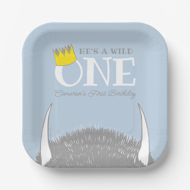 He's a Wild One - 1st Birthday Crown Blue Paper Plate (Front)