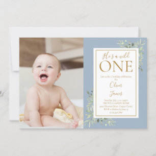 He's A Wild One 1st Birthday Greenery Blue Photo Invitation