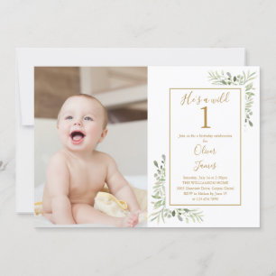 He's A Wild One Boy 1st Birthday Greenery Photo Invitation