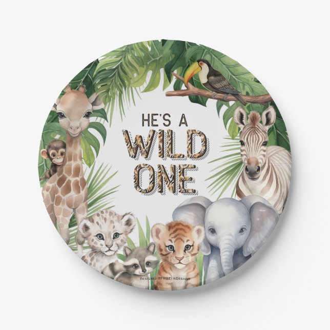 Hes a wild one Safari 1st birthday snacks Paper Plate (Front)