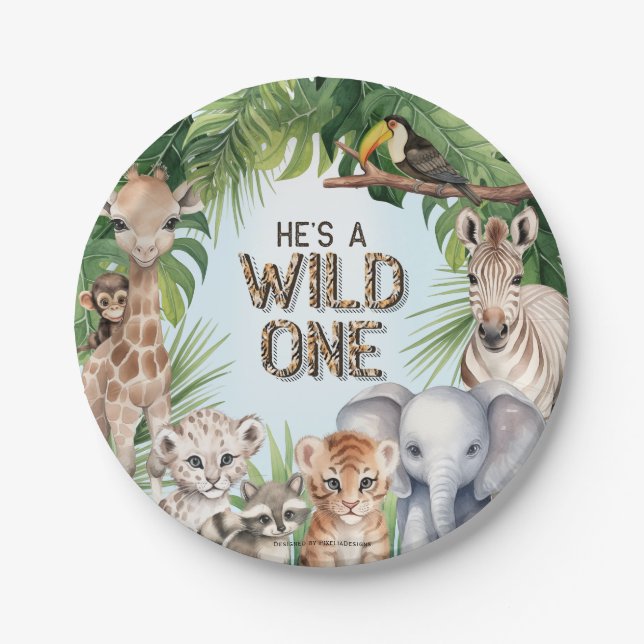 Hes a wild one Safari animals 1st birthday snacks Paper Plate (Front)