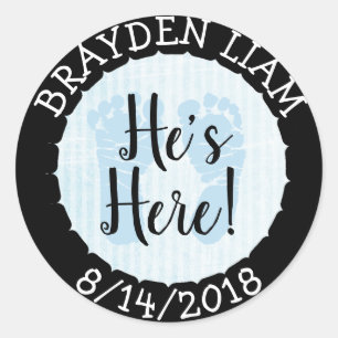 He's Here, New Baby Boy Announcement Classic Round Sticker