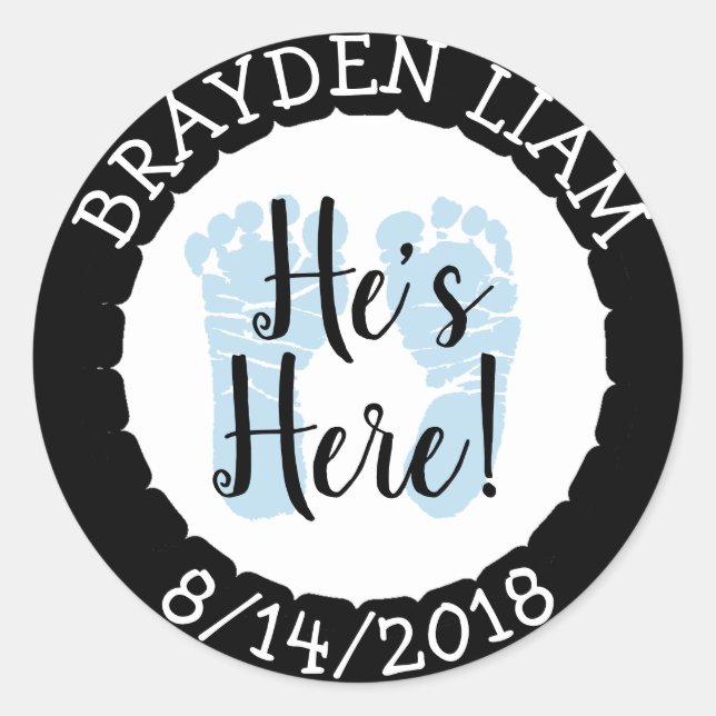 He's Here, New Baby Boy Announcement Classic Round Sticker (Front)