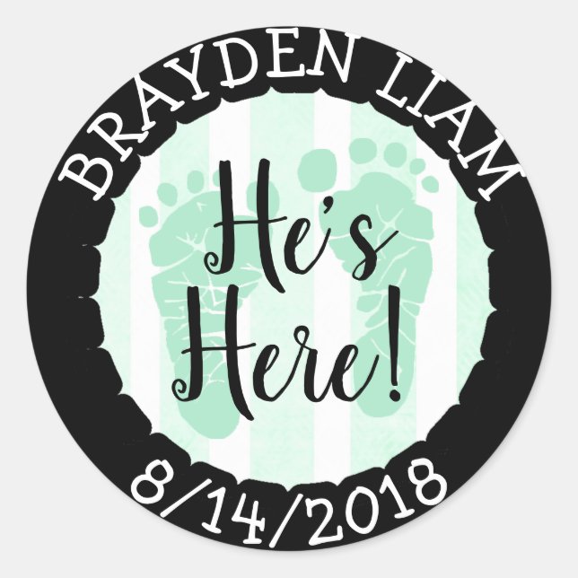 He's Here, New Baby Boy Announcement Classic Round Sticker (Front)